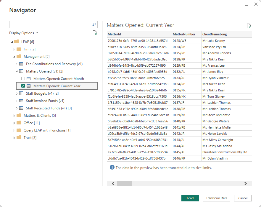 Power Query Navigator mostrando os dados do LEAP.