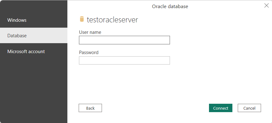 Insira as credenciais do banco de dados Oracle.