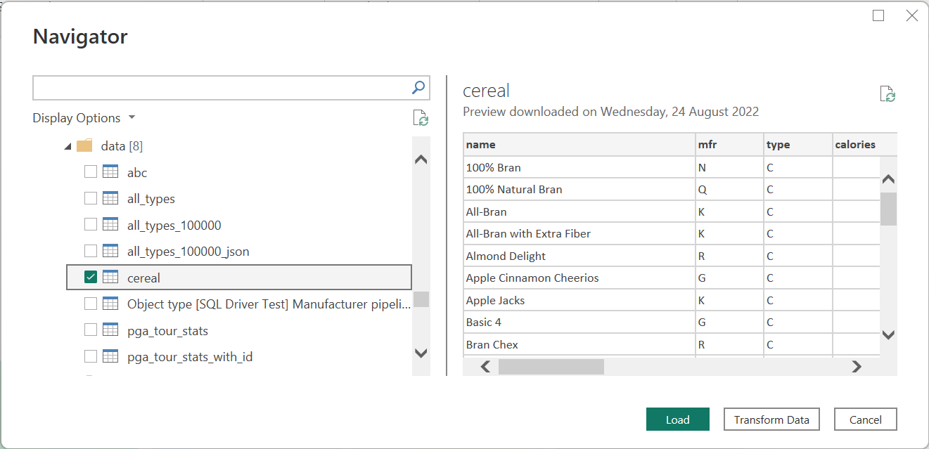 Captura de tela do navegador do Power Query Desktop mostrando o conjunto de dados selecionado.