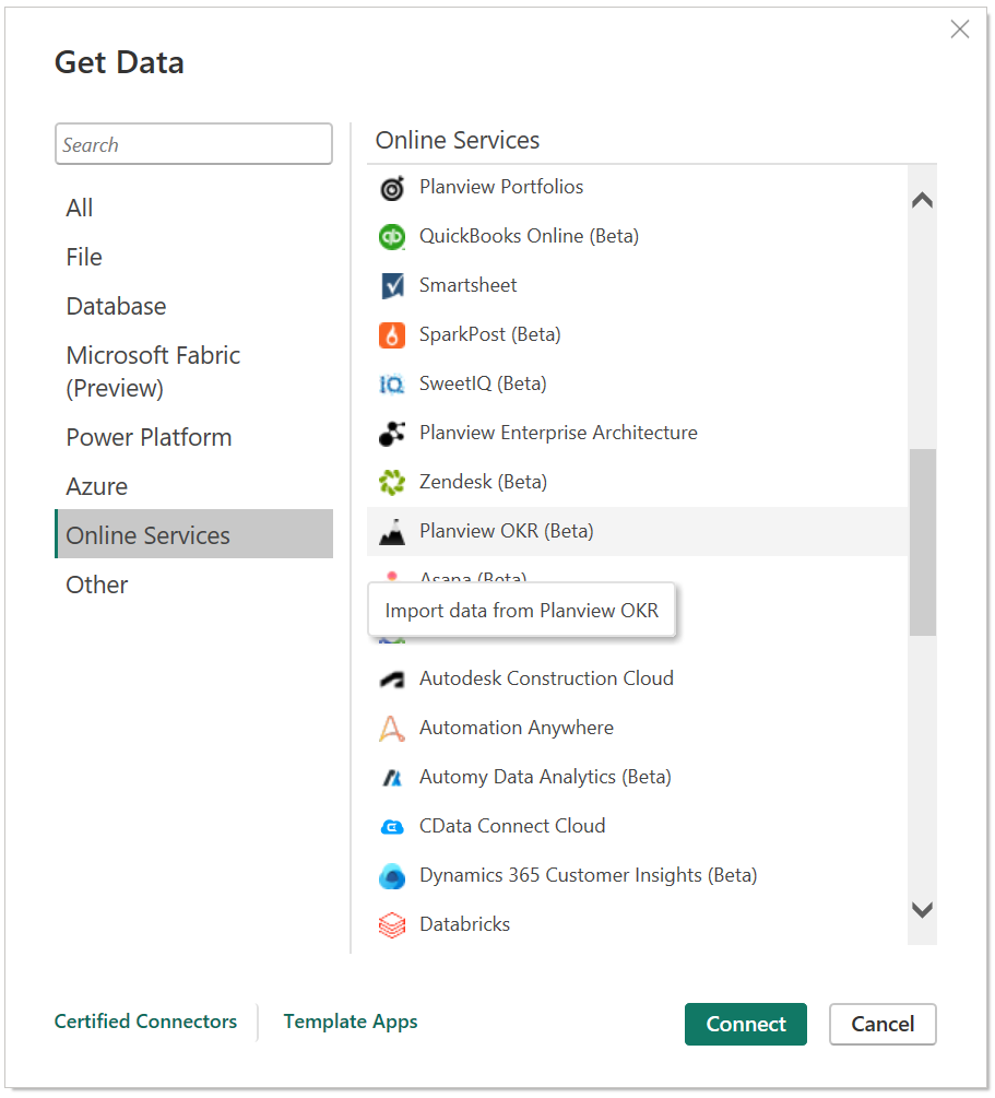 Captura de tela da categoria Serviços Online e do conector do Planview OKR enfatizados.