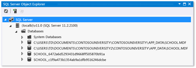 SSDT window showing LocalDB database names