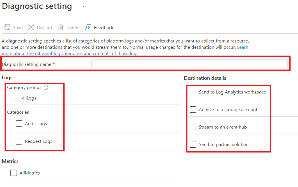 Captura de tela mostrando as configurações para ativar o diagnóstico para coletar logs de auditoria e solicitação