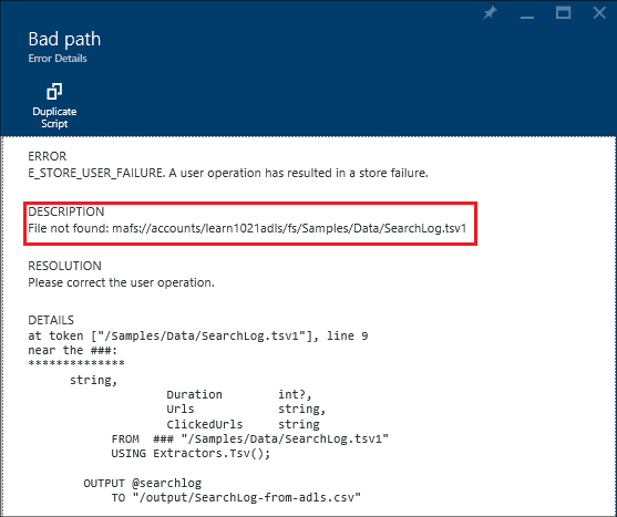 Detalhes do trabalho com falha da Análise Azure Data Lake