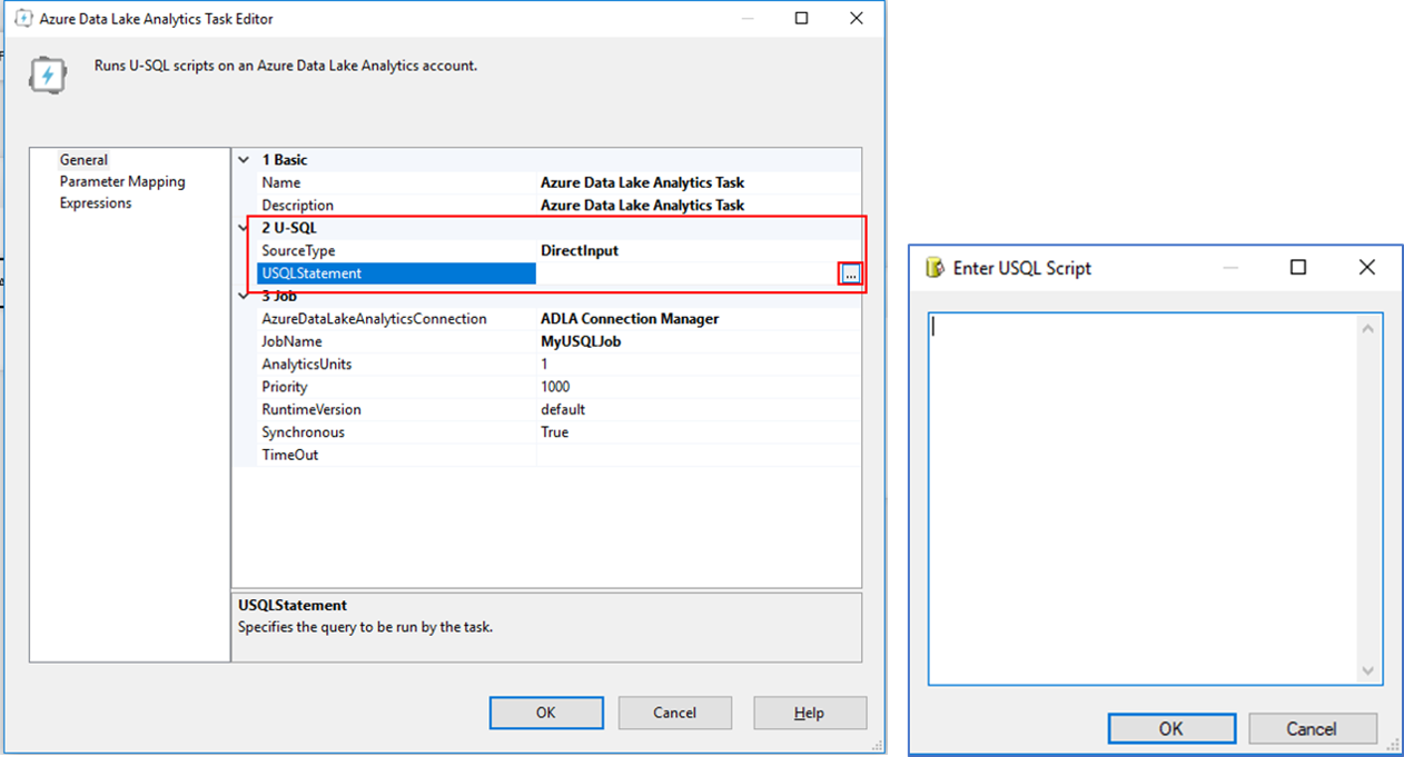 Editar script do U-SQL em linha na tarefa do SSIS