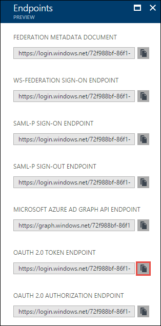 Captura de tela da folha Pontos de extremidade com o ícone de cópia Ponto de extremidade do token OAuth 2.0 realçado.