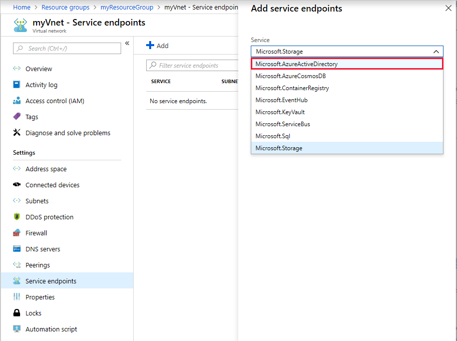 Selecionar o ponto de extremidade de serviço Microsoft.AzureActiveDirectory