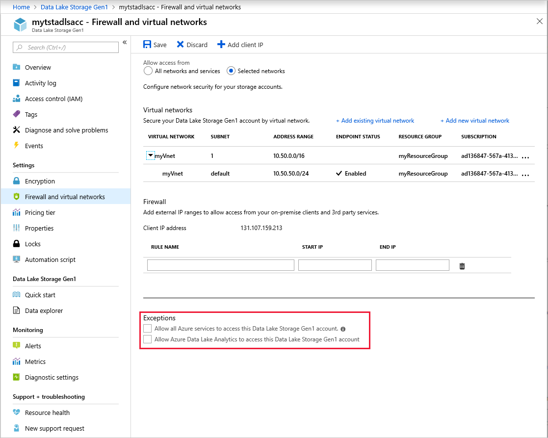 Exceções de firewall e rede virtual