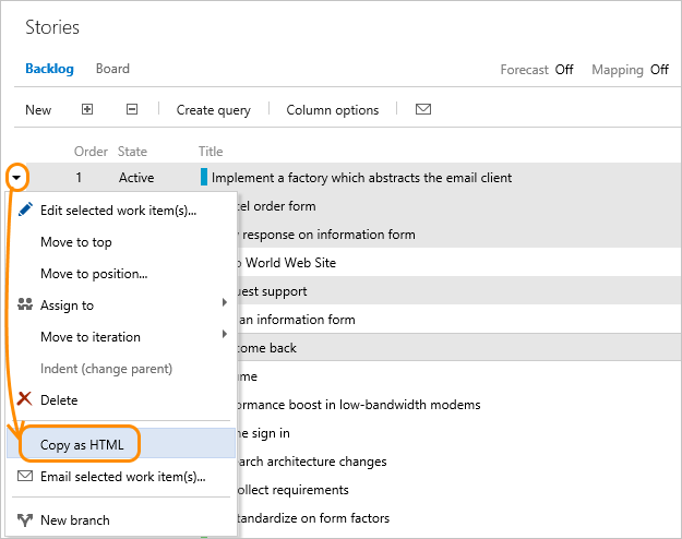 TFS 2015, Backlog page, multi-select items, open context menu, click Copy as HTML menu option