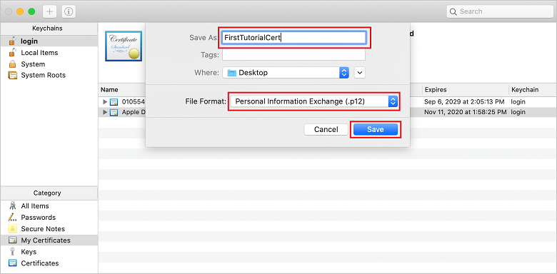 Exportar o certificado como formato p12