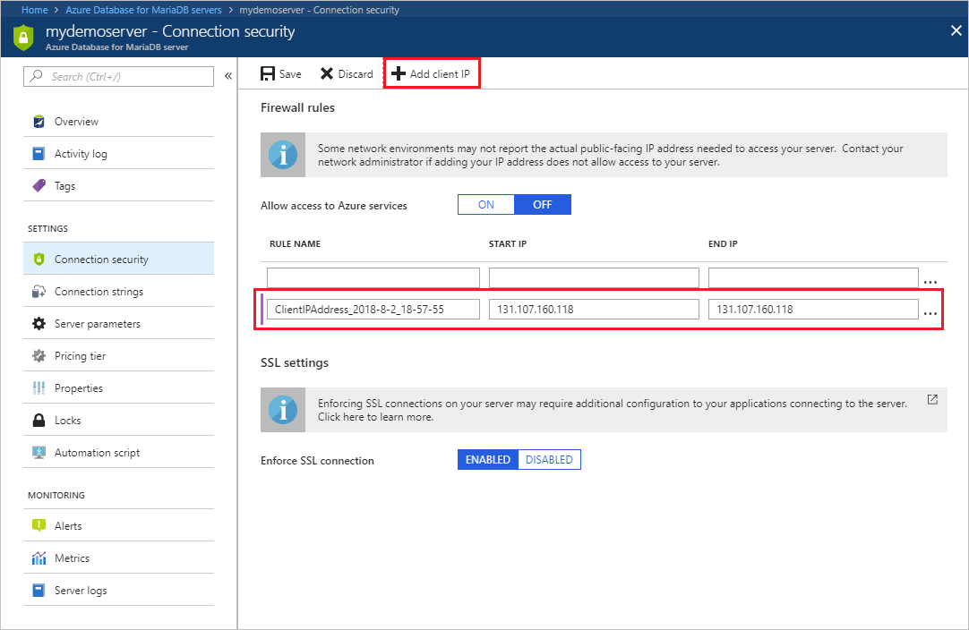 Azure portal - click Add My IP