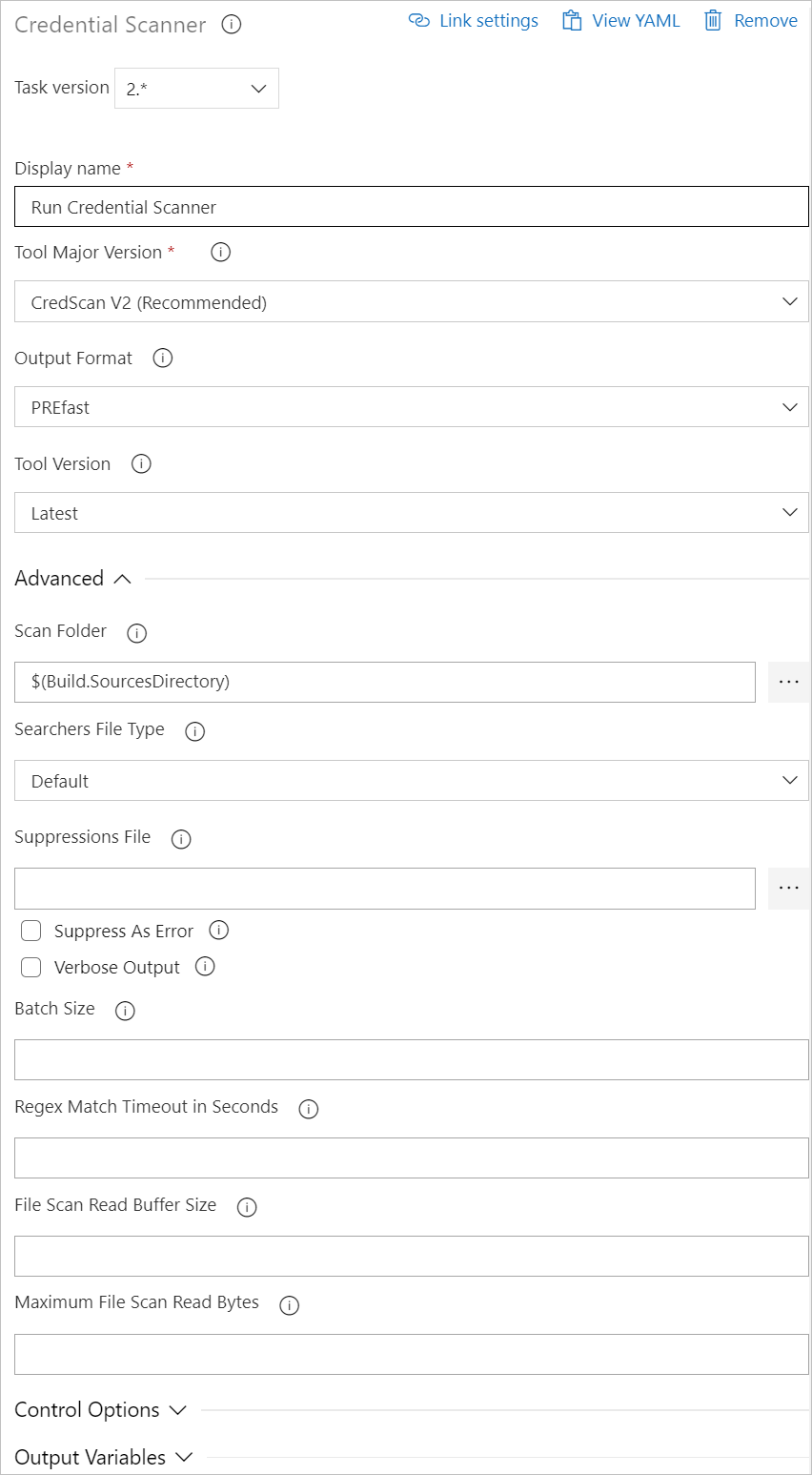 Configuração da tarefa de build do CredScan (verificador de credenciais)