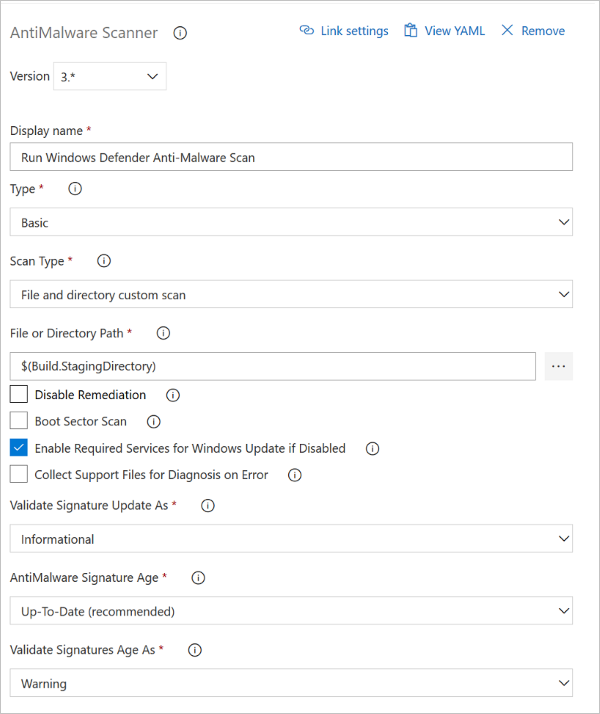 Configuração da tarefa de build Scanner antimalware