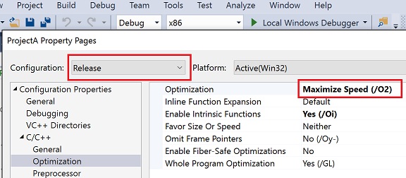 Visual C++ Property Pages showing release config