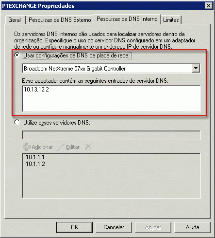 Pesquisas de DNS interno definidas para usar adaptador de rede