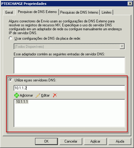 Pesquisas de DNS externo definidas para usar servidores específicos