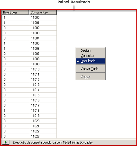 Designer de consulta DMX do Analysis Services, exibição de resultado