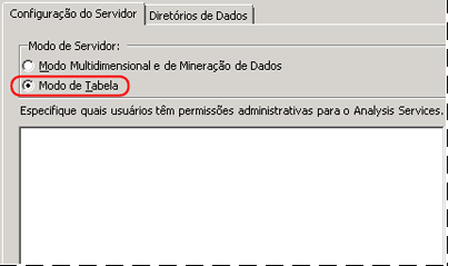 Página de instalação com as opções de configuração do Analysis Services