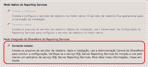 Assistente de instalação do SQL Server - Página de configuração do SSRS