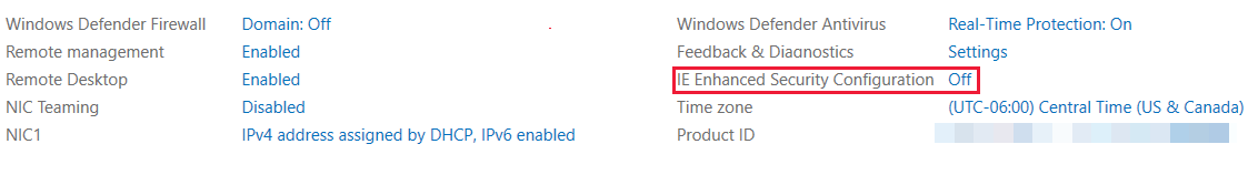 Captura de tela da configuração atual do Internet Explorer ESC no gerenciador do servidor.