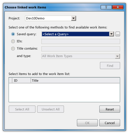 Choose linked work items dialog box