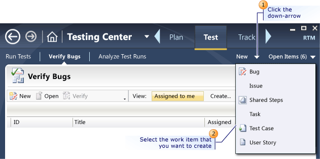 Criar um Item de trabalho usando o Gerenciador de teste do Microsoft