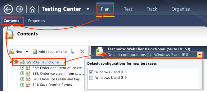 Configurações padrão para um plano de teste