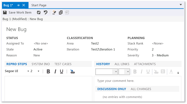 Formulário de Item de trabalho para Bug