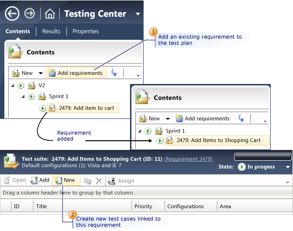 Adicionar requisitos e casos de teste para um plano de teste