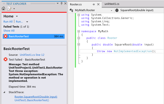 Teste de unidade Test Explorer mostrando falhou.