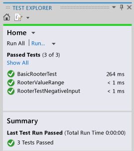 Unidade Test Explorer mostrando 3 testes que passaram.