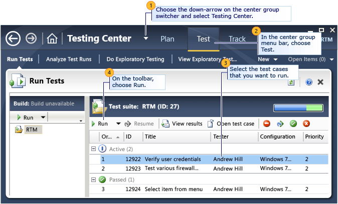 Seleção de teste a ser executado no Microsoft Test Manager