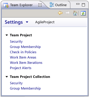 Página de configurações do Team Explorer