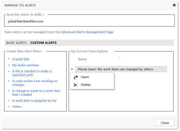 Gerenciar alertas personalizadas individuais do TFS