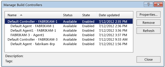 Mange Build Controllers dialog box