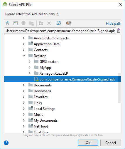 Selecionando o APK na caixa de diálogo Selecionar arquivo APK