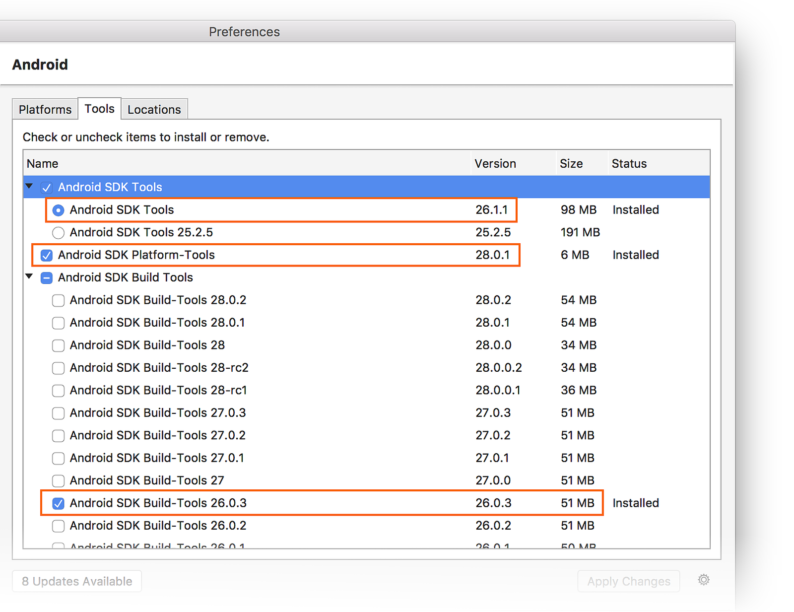 Instalando ferramentas do SDK do Android