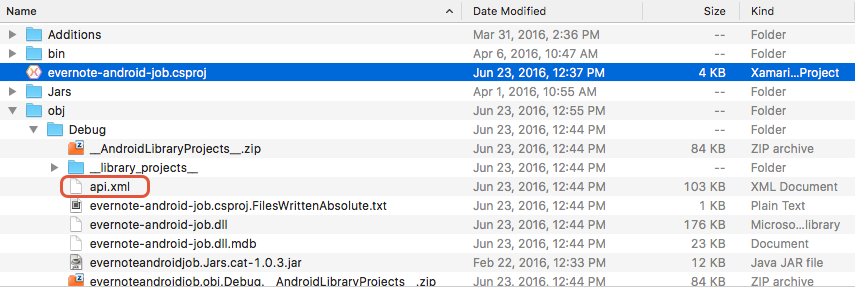 Local do arquivo api.xml na pasta obj/Debug