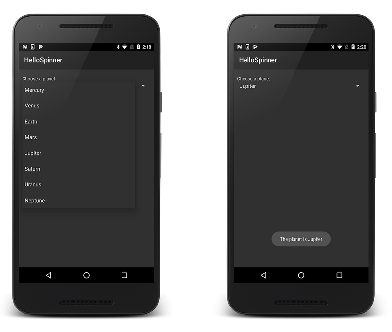 Capturas de tela de exemplo do aplicativo HelloSpinner