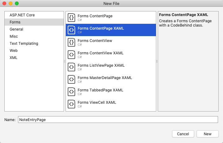 Adicionar Xamarin.Forms ContentPage