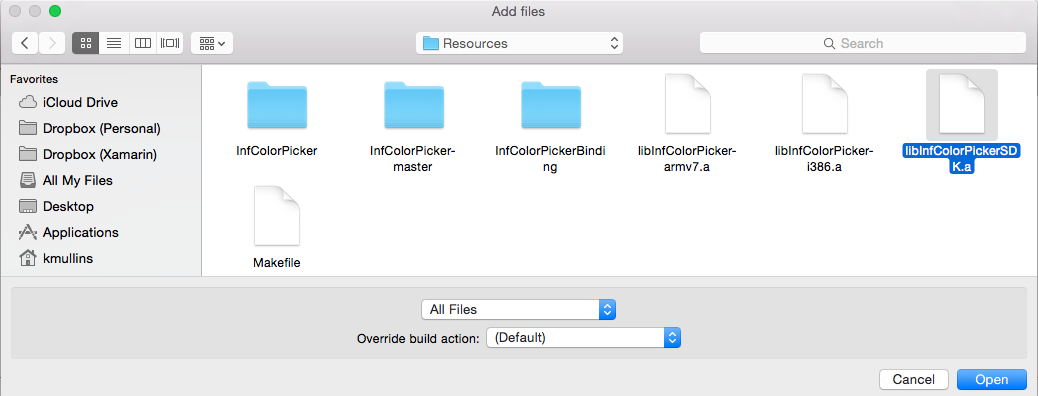 Select the libInfColorPickerSDK.a file
