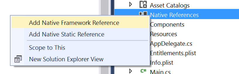 Selecione Adicionar referências nativas no Visual Studio