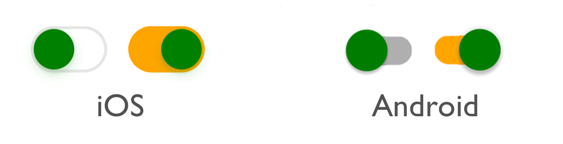 Captura de tela de Switches nos estados on e off, no iOS e Android com as cores alteradas.