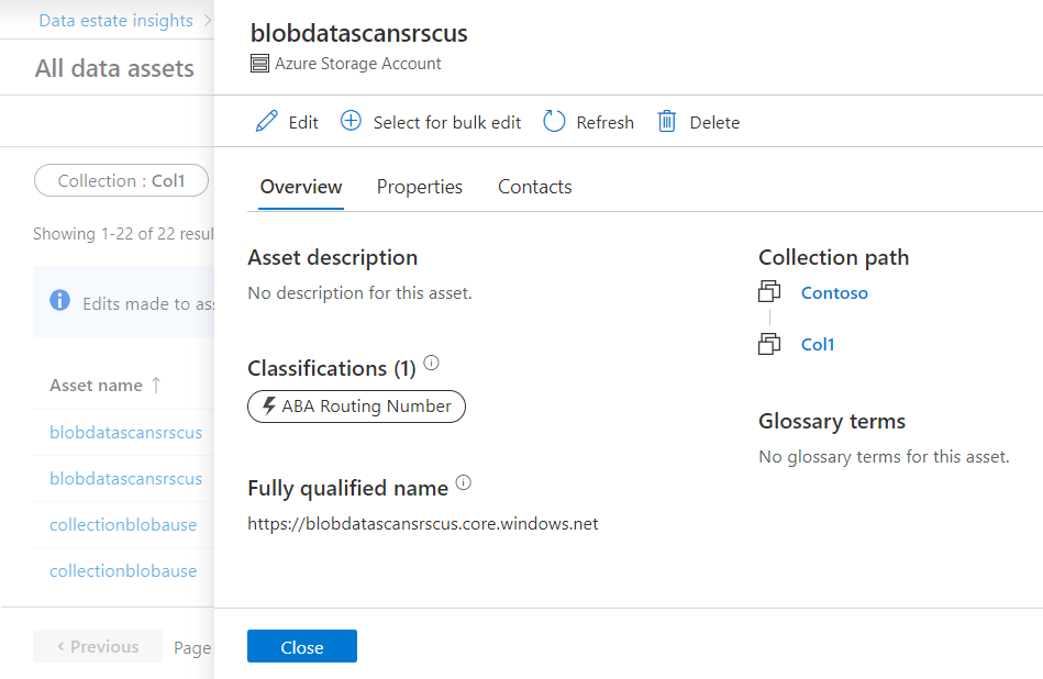 Captura de tela da tela da lista de ativos, com um ativo selecionado para edição e a tela de edição de ativos aberta no aplicativo Data Estate Insights.