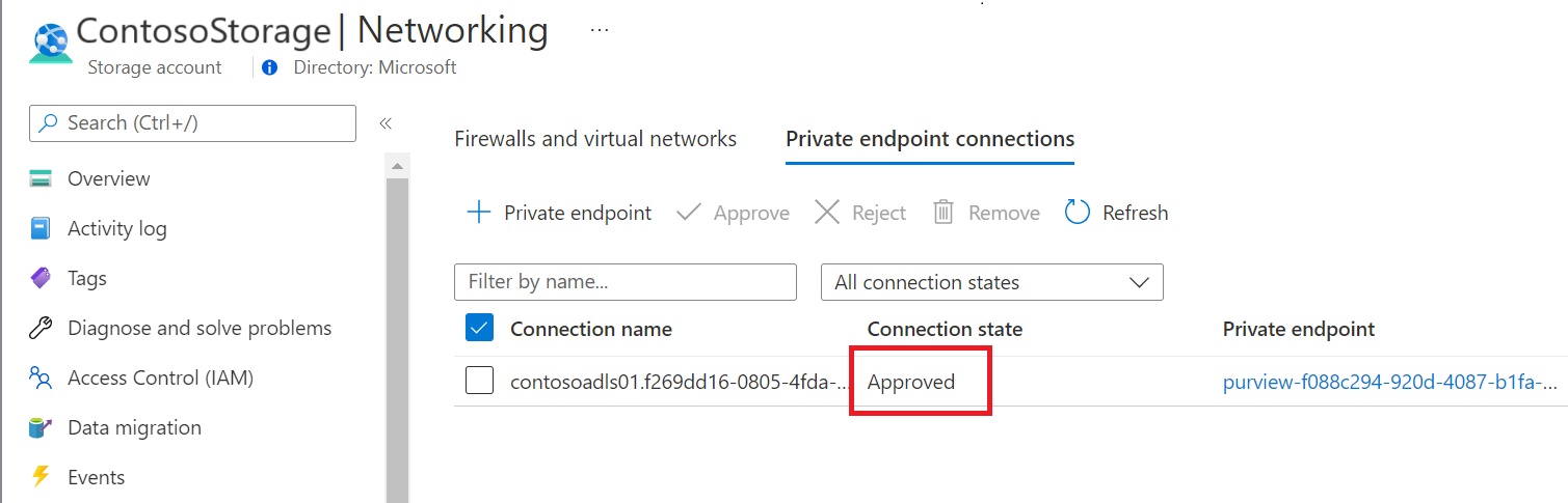 Captura de tela que mostra o ponto de extremidade privado aprovado para fontes de dados no portal do Azure