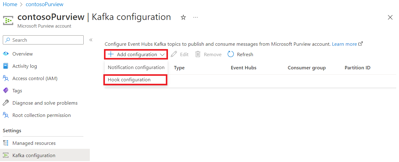 Captura de tela mostrando a página de configuração do Kafka com a configuração de adicionar e a configuração do gancho realçada.