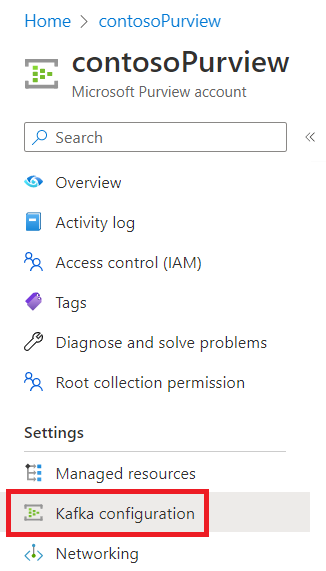 Captura de tela mostrando a opção de configuração do Kafka no menu do Microsoft Purview no portal do Azure.