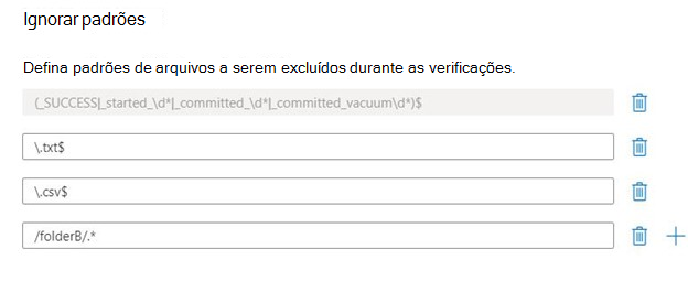 Captura de tela mostrando a folha ignorar padrões com quatro expressões regulares definidas. O primeiro é o regex de transação spark pré-populado, o segundo é \\.txt$, o terceiro é \\.csv$e, por fim, .folderB/.*.