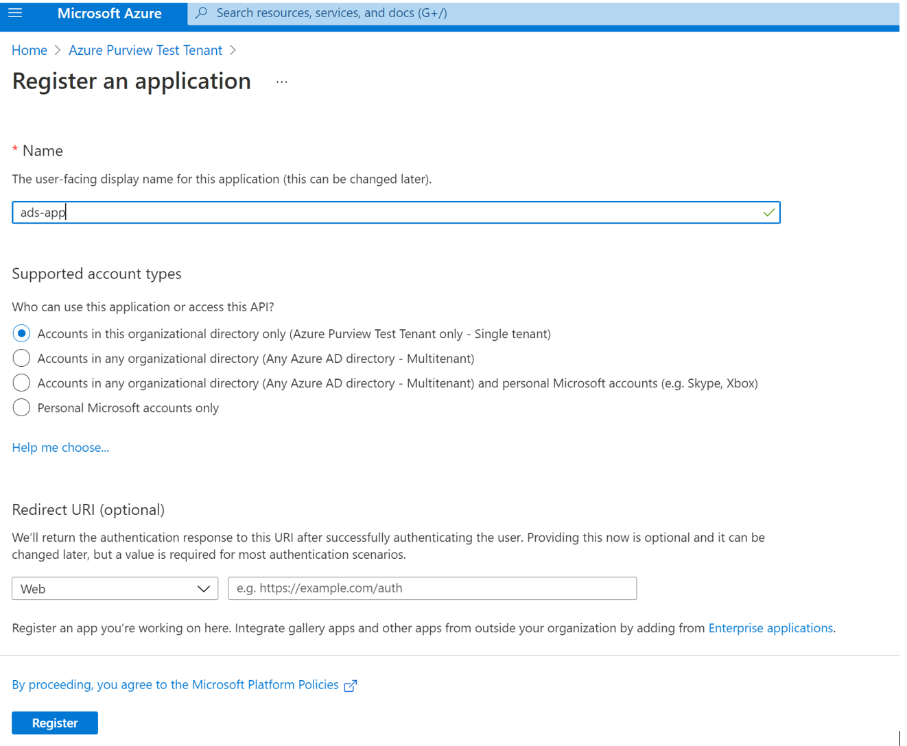 Captura de tela que mostra os detalhes do novo registro do aplicativo.