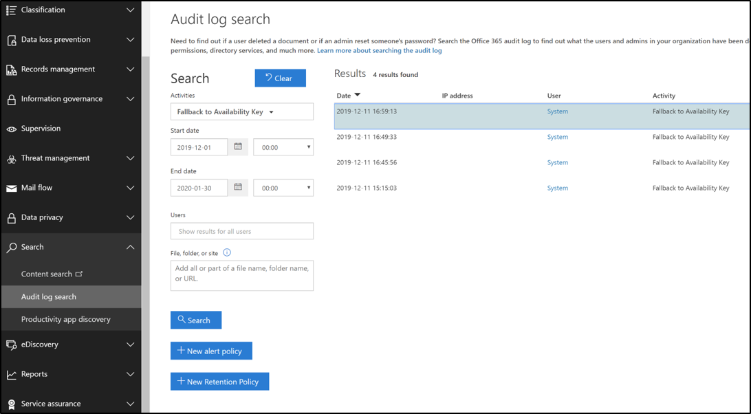 Pesquisa de log de auditoria para eventos de chave de disponibilidade