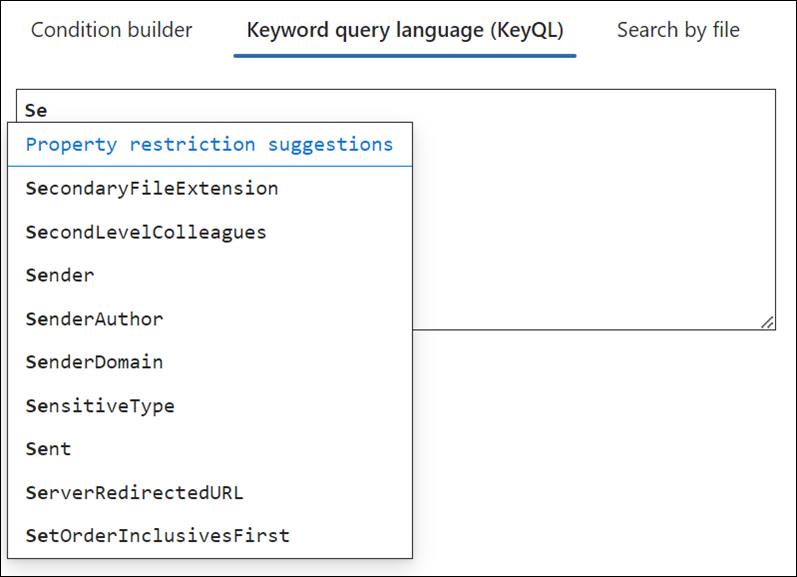 O editor do KeyQL sugere propriedades suportadas